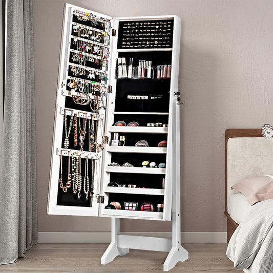 Armoire À Bijoux Sur Pied Avec Miroir Inclinable Serrure Doublure Et Divers Espaces De Rangement 41X36,5X146Cm Blanc/Marron